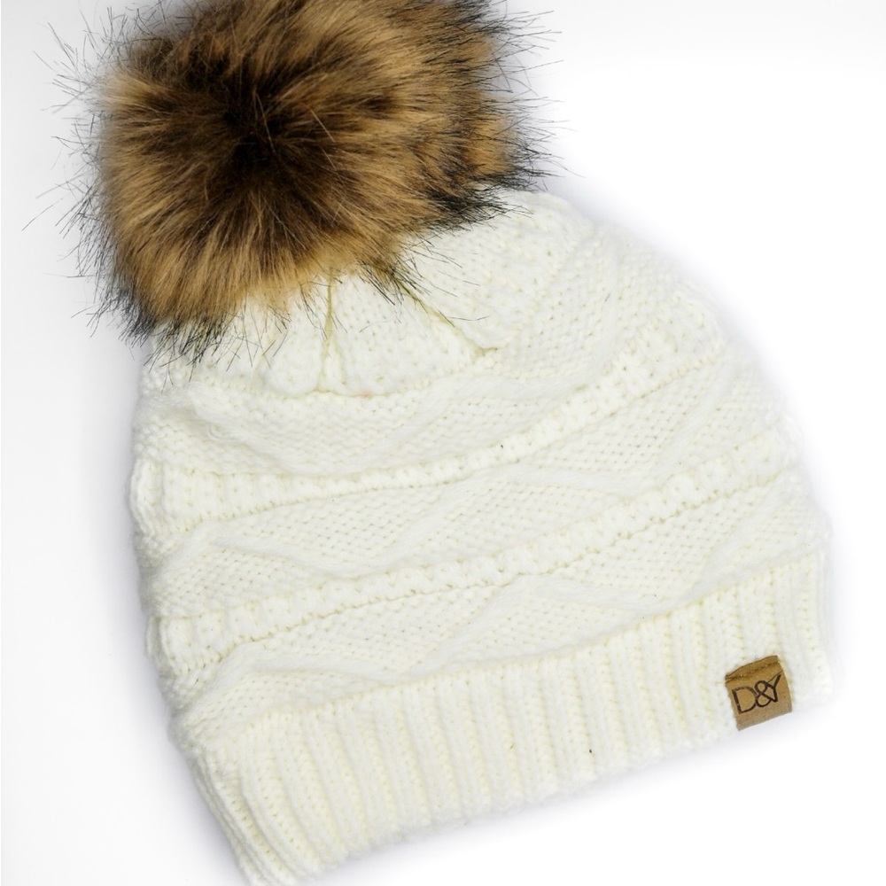 White Double Lined Knitted Pom Pom Beanie
